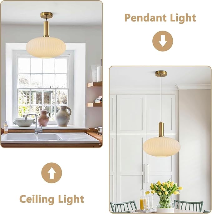 KCO Lighting Large Milk Glass Pendant Lighting Kitchen Island Brushed Brass Globe Pendant Light Mid Century Modern Hanging Light Fixture Gold White Pendant Light