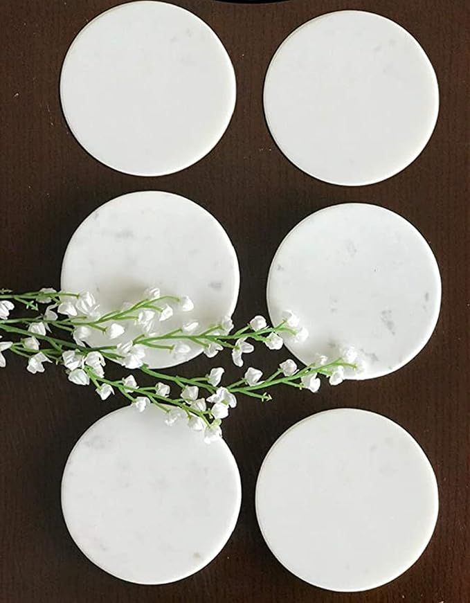 Coasters for Drinks - Set of 6 Modern Coasters - 4" Wide Drink Coasters - Made from Real Solid Marble White Marble Coasters Round Shape
