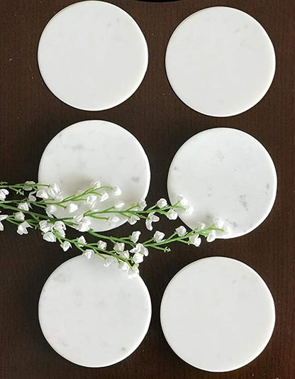 Coasters for Drinks - Set of 6 Modern Coasters - 4" Wide Drink Coasters - Made from Real Solid Marble White Marble Coasters Round Shape