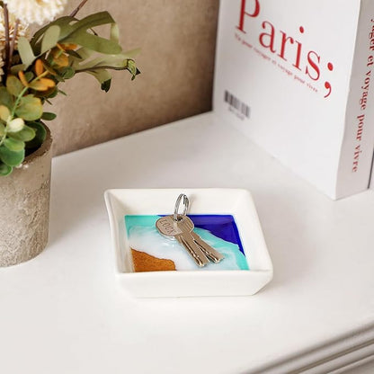 Ocean Jewelry Tray Beach Dish Ceramic Resin Trinket Dish Jewellery Plate Engagement Wedding Ring Holder Necklace Ear Ring Storage Ocean Art Gift for Women Christmas Housewarming Present