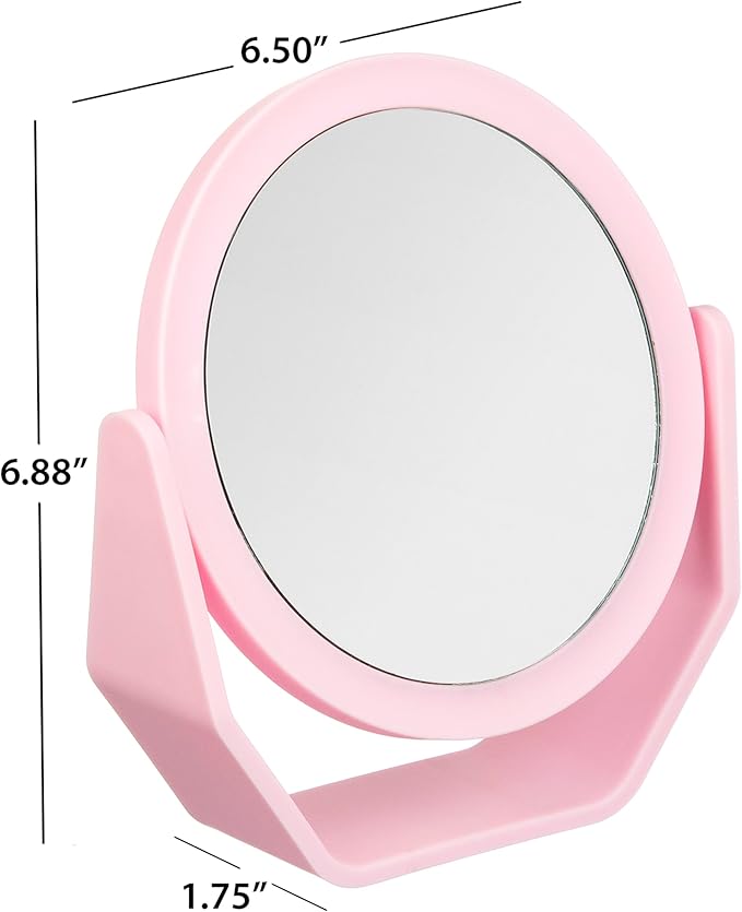 EXPRESSIONS Premium Soft Touch Rotating Mirror with 1x/2x Magnification - Round Pink Vanity Mirror, Handheld or Tabletop Mirror Magnification Makeup Mirror, Small Desk Mirror or Travel Mirror