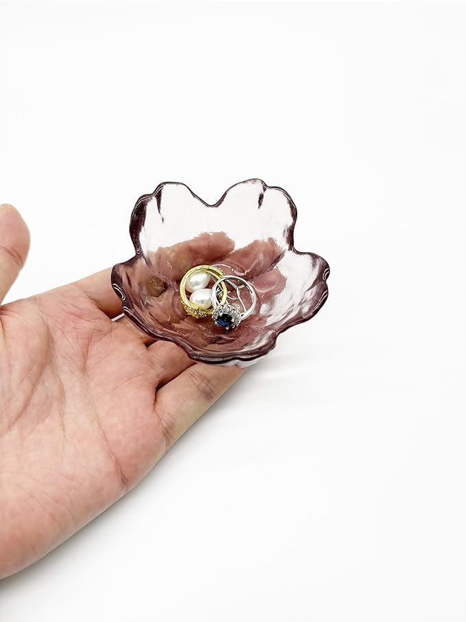 Flower Ring Dish Jewelry Tray, Glass Jewelry Dish Tray, Aesthetic Room Decor Small Trinket Dish, Nightstand Jewlery Ring Holder Dish, Bathroom Jewelry Plate Bowl for Rings Earrings Gift (Light Purple)