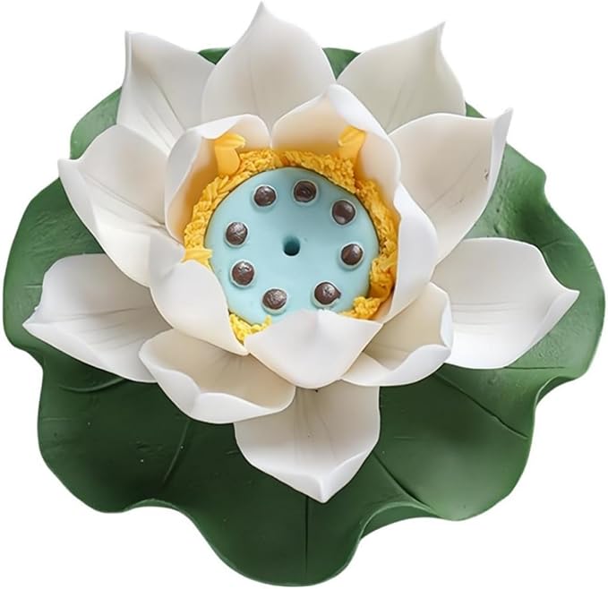 Lotus Incense Holder - White Ceramic Bloom with Leaf Tray, Aromatherapy Decor, Meditation Gift Set, Zen Home Office Desk Altar Decor (Handmade, Ash Catcher, Unique Holiday Present)