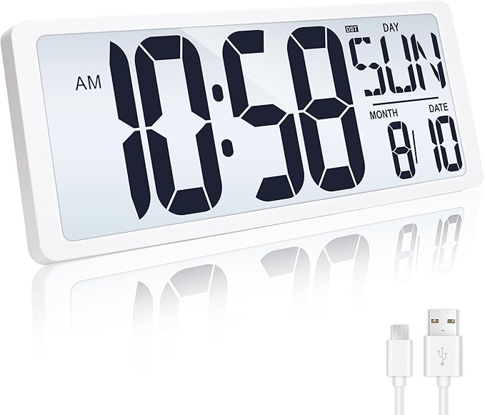 4.6" Numbers Display Built-in Rechargeable Power 15" Atomic White Wall Clock -Night Display-Never Needs Setting!-Easy to Read Numbers-Never Need Replace Battery