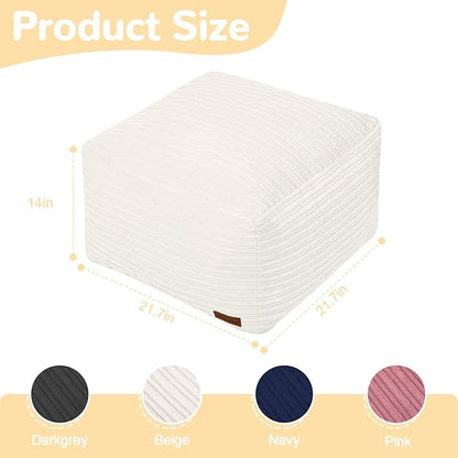 MeMoreCool Square Stuffed Pouf Ottoman Foot Rest, Stripe Furry Floor Pouf Foot Stool with Foam Chunk Filling, Soft Fluffy Stuffed Ottoman Footrest for Living Room, Corduroy Beige