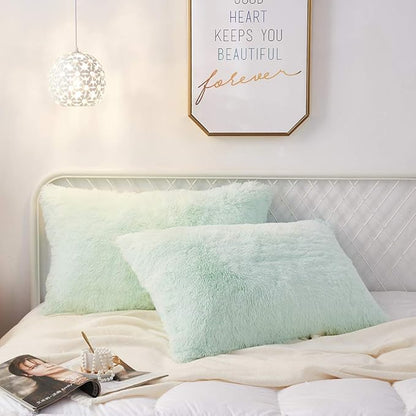 Uhamho Set of 2 Standard Queen Faux Fur Throw Pillow Covers Soft Velvet Decorative Pillowcases Zipper Closure(20 x 26 Inches Aqua)
