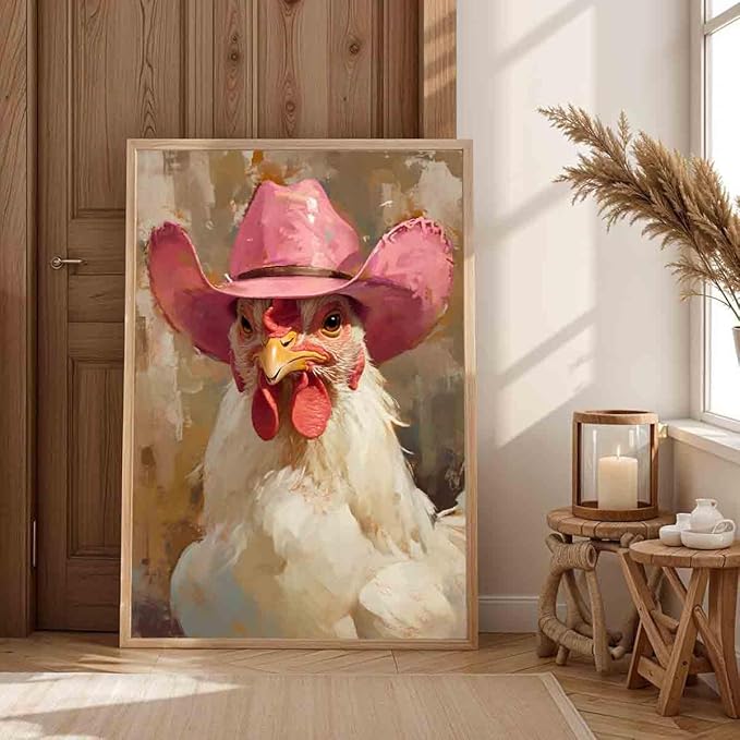 Farm Animal Prints Farmhouse Chicken Artwork Funny Animal Wall Art Vintage Cowboy Print Hen Rooster Painting Vintage Western Cowboy Posters Western Chicken Picture Home Decor 16x24inch No Frame