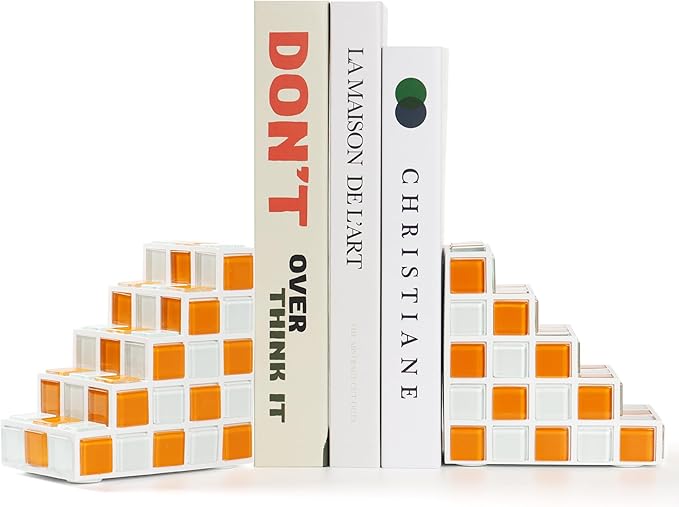 Decorative Bookends for Shelves - Stair Book Ends for Heavy Books - Unique Book Stopper & Holder for Shelves - Modern Home Decor Aesthetic Bookshelf Decor (Orange & White)