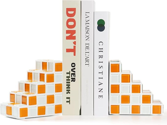 Decorative Bookends for Shelves - Stair Book Ends for Heavy Books - Unique Book Stopper & Holder for Shelves - Modern Home Decor Aesthetic Bookshelf Decor (Orange & White)
