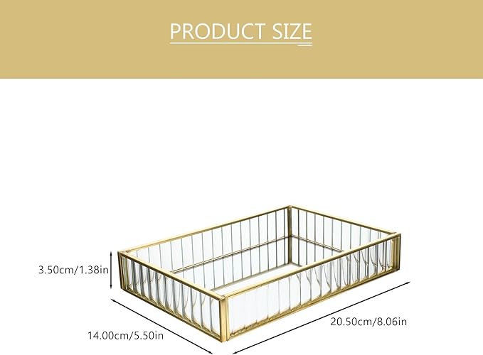 Alloy Frame Glass Jewelry Storage Tray Small Striped Mirror Surface Organizer for Earrings Lipstick Perfume Decorative Dish for Home Vanity and Desktop Tidying