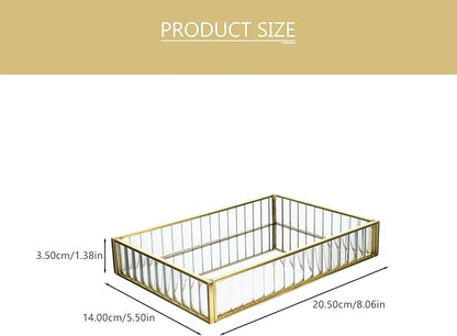 Alloy Frame Glass Jewelry Storage Tray Small Striped Mirror Surface Organizer for Earrings Lipstick Perfume Decorative Dish for Home Vanity and Desktop Tidying