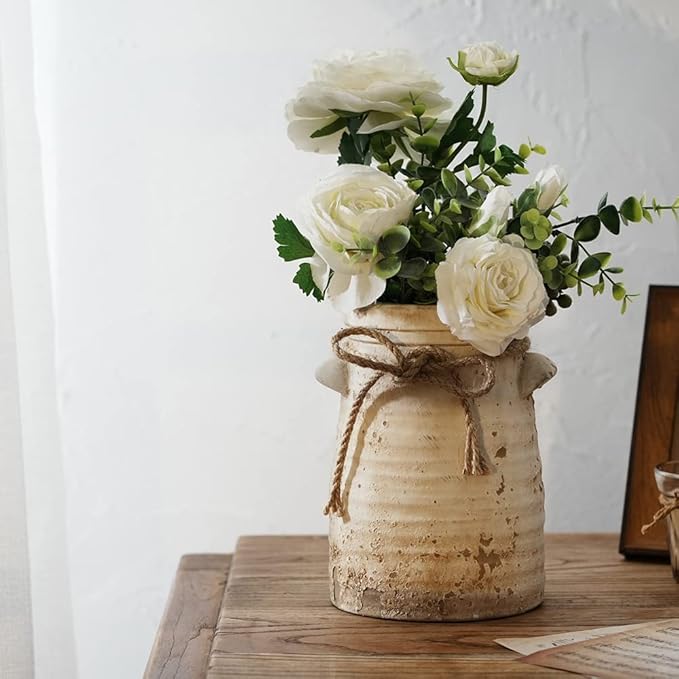 SIDUCAL Ceramic Decorative Flower Vase, 8 Inch Rustic Distressed Pottery Decorative Flower Vase for Home Decor, Ideal Shelf, Bookshelf, Mantle, Entryway, Living Room, Table Decor
