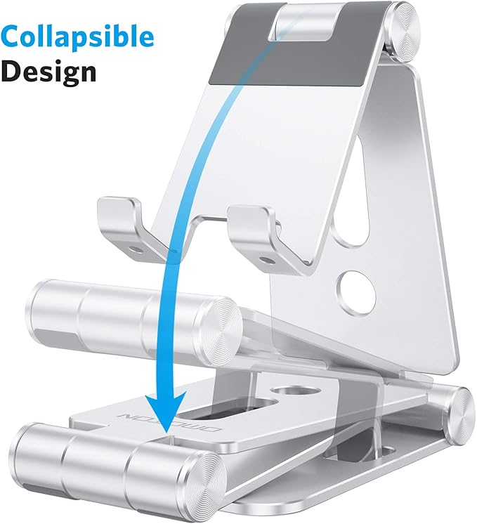 OMOTON Foldable Cell Phone Stand, C4 Portable Aluminum Phone Holder, Adjustable Phone Dock Cradle Compatible with iPhone 17/16/15 Pro Max Air, Samsung Galaxy, Small Tablets, All Smart Phones, Silver