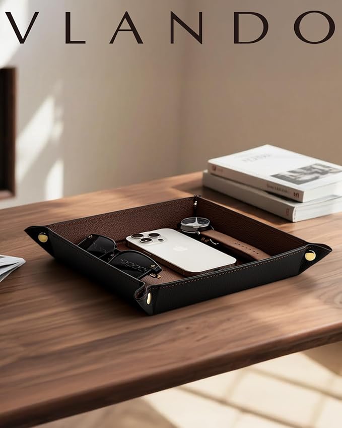 Vlando Valet Tray for Men Women, Nightstand Organizer Vanity Catchall Holder for Dresser Desk Storage Bedside, Travel PU Leather Jewelry Key Bowl Coin Watches and Candy Entryway Tray - Large, Brown