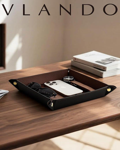 Vlando Valet Tray for Men Women, Nightstand Organizer Vanity Catchall Holder for Dresser Desk Storage Bedside, Travel PU Leather Jewelry Key Bowl Coin Watches and Candy Entryway Tray - Large, Brown