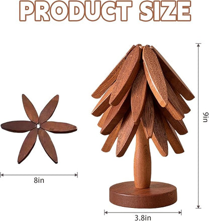 Natural Foldable Black Walnut Wooden Trivet Set - 4 Trivets + 1 Stand for Hot Dishes, Pot, Bowl, Teapot, Hot Pot Holders(Black Walnut)