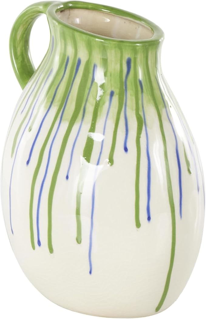 Deco 79 Ceramic Abstract Decorative Vase Centerpiece Vases with Green and Blue Drip Design and Handle, Flower Vases for Home Decoration 9" x 8" x 11", White