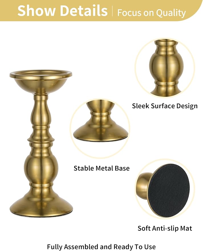 NUPTIO Pillar Candle Holder Brass: Gold Tall Candles Stand for Christmas New Year Party Centerpiece - Large Metal Candleholder Decorative for Table Fireplace Decor(2 x L)
