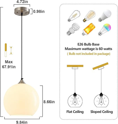 Milky Luster Glass Pendant Lights Kitchen Island Globe Pendant Light Fixtures Modern Pendant Lighting for Bedroom Living Dining Room Light Fixture (9.84 in, 1 Pack)