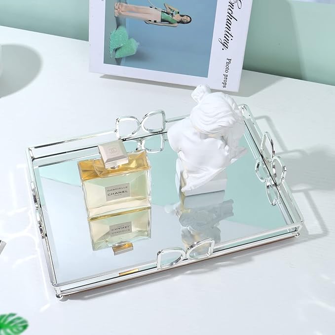 Decorative Tray, Bright Silver, Modern Premium Feeling Perfume Tray, Luxury Rust-Proof Glass Tray for Bathroom, Dresser, Bedroom
