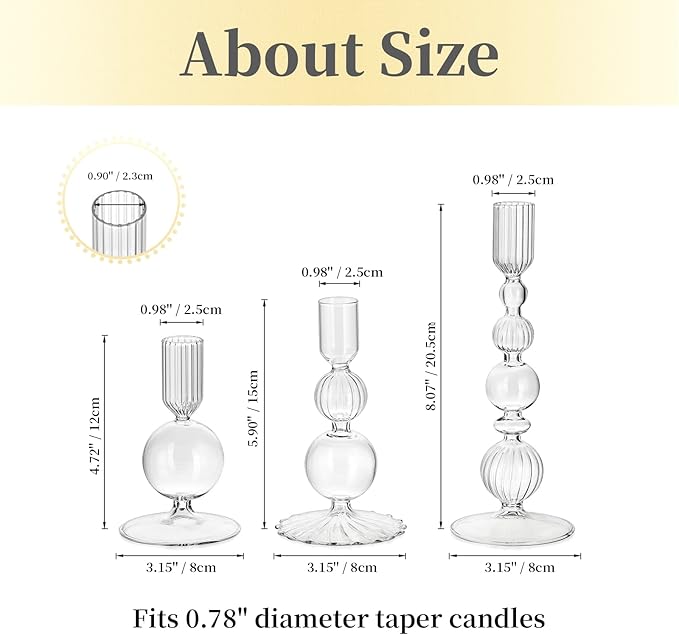 Hewory Glass Candlestick Holders Set: 3PCS Clear Candle Holder Taper Candle Holders Bulk, Crystal Ribbed Candle Sticks Holder Decor for Table Centerpiece Wedding Christmas Thanksgiving Dinner