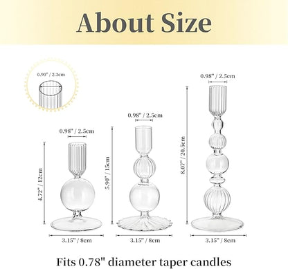 Hewory Glass Candlestick Holders Set: 3PCS Clear Candle Holder Taper Candle Holders Bulk, Crystal Ribbed Candle Sticks Holder Decor for Table Centerpiece Wedding Christmas Thanksgiving Dinner