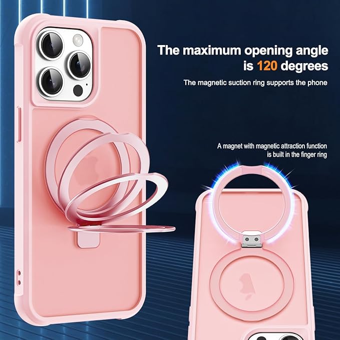 Compatible with iPhone 14 Pro Max Case with Invisible Magnetic O-Ring Stand Military-Grade Translucent Case for iPhone 14 ProMax 6.7" [Compatible with Mag-Safe][Great Grip Feeling], Pink