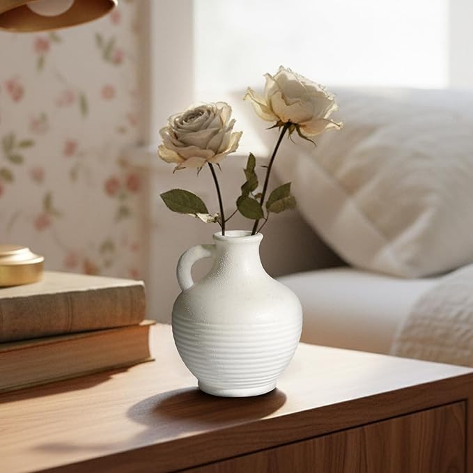 White Ceramic Vase, Rustic Farmhouse Vase with Handle, Pottery Vases for Flower, Farmhouse Decor, Centerpiece Table Decorations, 6 inch