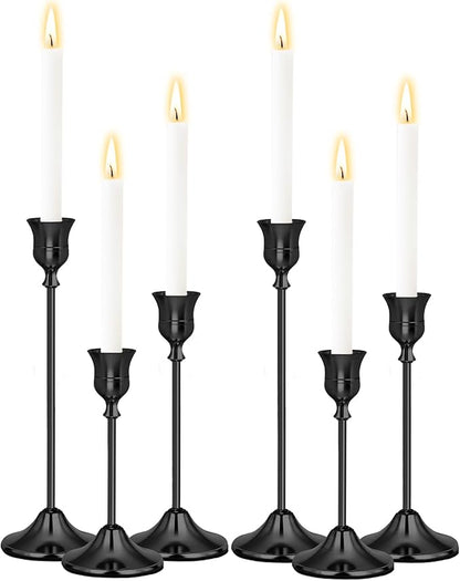 Black Candlestick Holders Set of 6, Weighted, Metal Taper Candle Stick Holders, Vintage Christmas Brass Home Decor for Table, Mantel, Room Decorations Housewarming Gift Black-6