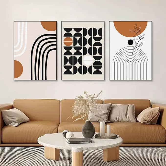 QKF Minimalist Canvas Wall Art Boho Black Brown Beige Line Geometric Abstract Modern Home Decorative Painting Bedroom Living Room Pictures Office Poster 3 Piece Set 16“X 24”