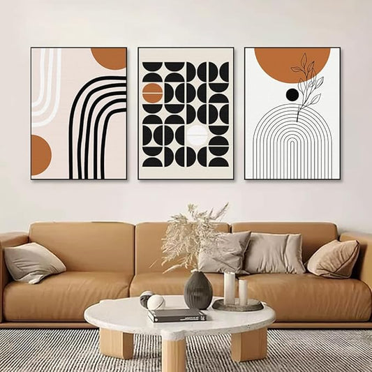 QKF Geometry Abstract Large Frame Canvas Wall Art Living Room Wall Decor Bohemian Black Brown Beige Line Modern Home Decorative Painting For living room Office Bedroom 3-piece Set 24 "X 32"