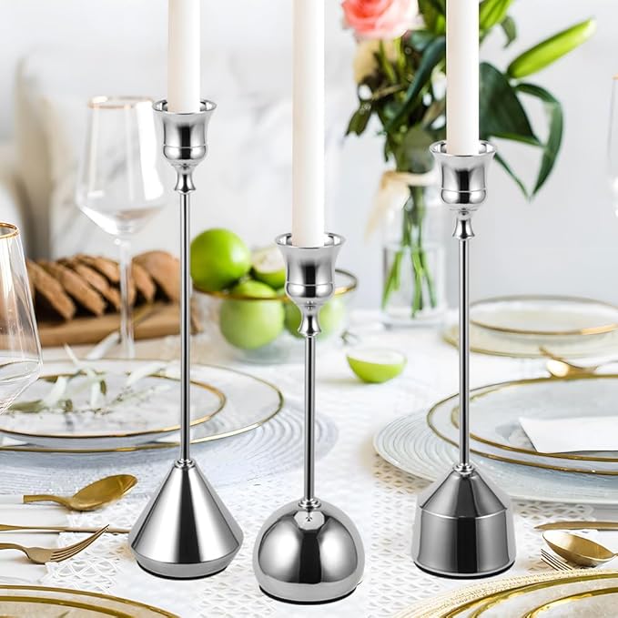 Elegant Vintage Silver Candlestick Holders, Set of 3 Taper Candle Holders with Weighted Base for Wedding, Dining Table, Holiday Decor