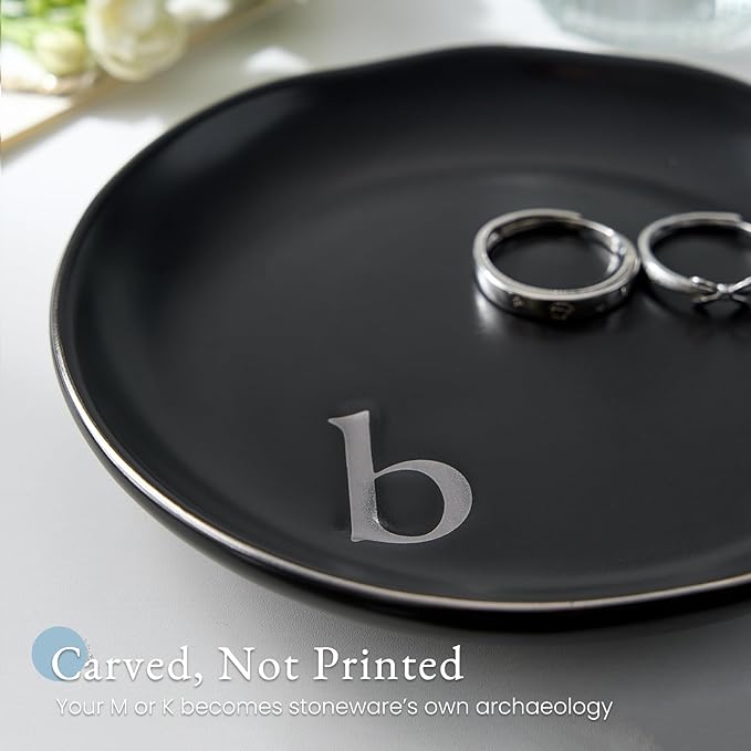 Lolalet Handmade Ceramic Ring Dish Jewelry Tray Plate with Initial, Small Monogram Gift for Her Women Girls Mother, Hostess, Engagement, Bridal Shower, Maid of Honor, Bridesmaid, Birthday, Christmas