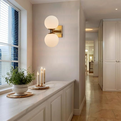 Modern Brass Double Spherical Glass Shade Wall Sconce, Elegant Brass Wall Mounted Lamp, Vanity Light Above Mirror, Sconce for Bathroom, Living Room, Hallway, Kitchen, Bedroom