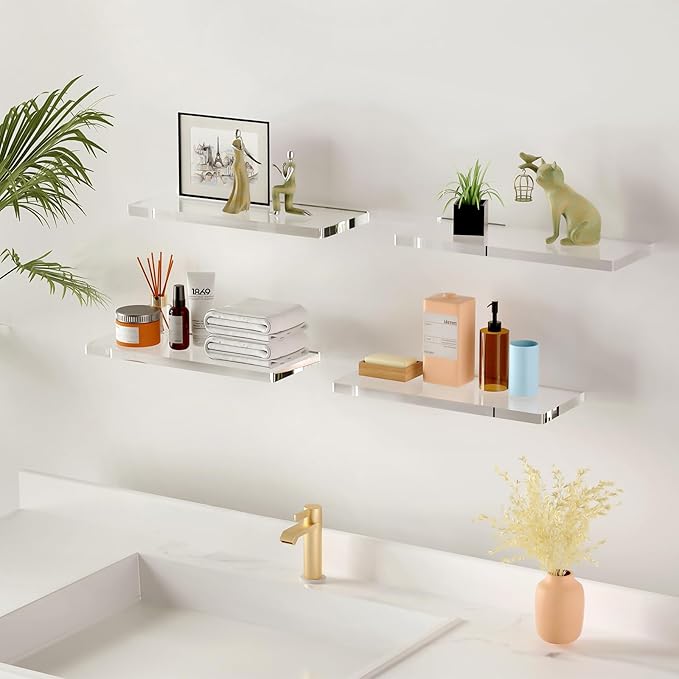 4 Tier Acrylic Floating Shelves for Wall 15.5 Inch Clear Invisible Storage Set Wall Mounted Organizer for Bathroom Kitchen Living Room Bedroom Holds 15lbs