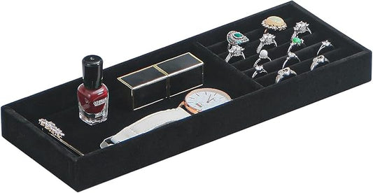 2Pcs Desk Drawer Storage Tray, Nightstand Organizer Tray, Necklace Bracelet Ring Earring Jewelry Display Tray, Grid Table Organizer Holder Tray for Sunglass, Phone, Watch, Perfume (2 grid)/Black