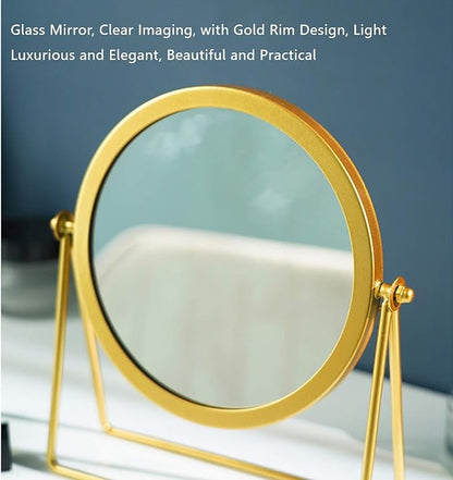 Iron Tabletop Makeup Mirror, Round Swivel Desktop Stand Mirror, 360°Rotation One-Sided Dressing Table Mirror(Golden)