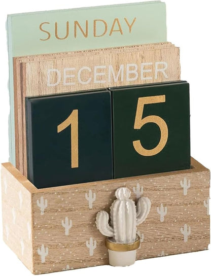 Fresh Cactus Decorated Wooden Calendar (Approximately 4.49 * 2.48 * 5.3 inches) Retro Block Shaped Calendar Desktop Decoration, Suitable for Various Scenarios such as Home and Office Holiday Gifts(Green)