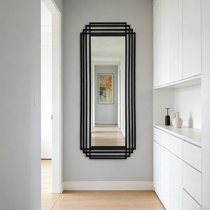 Geometric Mirror with Black Metal Frame, 63"x24" Large Rectangle Art Deco Mirror, Modern Elegant Wall Mirrors for Living Room Bathroom Entryway Hallway, Hangs Vertically or Horizontally