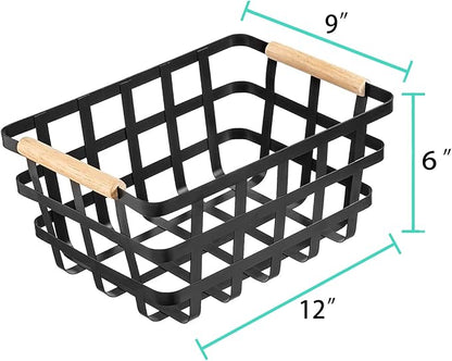 Farmhouse Baskets Wire Metal Baskets Storage Organizer Fruit Bin with Wood Handles for Pantry Cabinets Rustic Kitchen Counter Closet2 Pack - Black