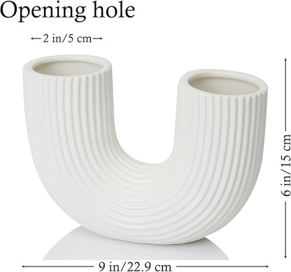 White Ceramic Vase Decor, U-Shaped Stripes Vase, Modern Decorative Vase, Aesthetic Vase for Modern Homes, Offices, Ideal Gift for Birthdays and Special Occasions