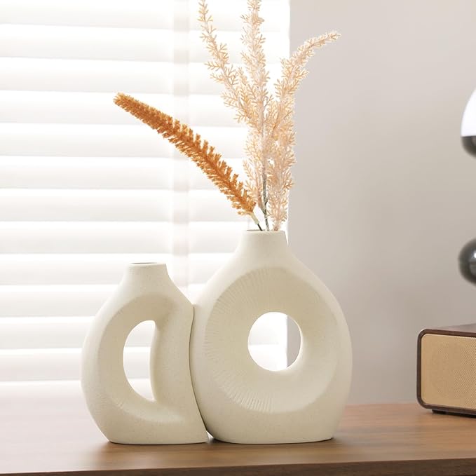 Ceramic Vase Set of 2 - Handcrafted Ceramic Vases for Home Decor & Shelf - Modern Farmhouse Decor for Kitchen, Office, Bedroom & Living Room Decorative Objects for Mantel, Table Centerpieces