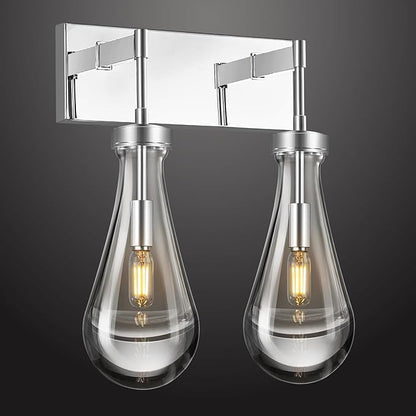 Raindrop Wall Sconces Chrome Crystal Sconces Wall Decor Modern Lighting Glass Bathroom Sconces Indoor Vanity Light Wall Lamp for Bedroom Living Room Stair(2-Light)