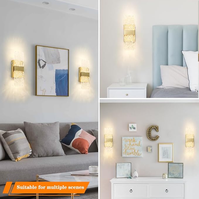 Modern Brushed Gold Battery Operated Wall Sconces Set of 2 - Rechargeable Brass LED Wall Lights with Acrylic Shade, Wireless Bedroom/Living Room Art Light Fixtures