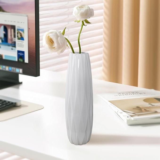 12Inch Tall Vase White Ceramic Flower Vase for Pampas Grass,Home Decor, Modern Textured Vases for Living Room Decorations,Table Centerpieces,Shelf,Farmhouse Small Ceramic Vase