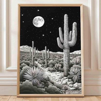Black And White Cactus Wall Art Black Western Canvas Desert Landscape Wall Art Southwest Theme Pictures Vintage Cactus Print Vintage Night Landscape Print Mid Century Boho Picture 16x24inch No Frame