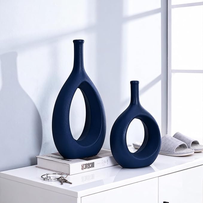 Navy Blue Ceramic Hollow Elliptical Vase Set of 2 - Boho Circle Vase with Hole, for Modern Navy Blue Table Decor, Living Room Decor Shelf mid Century Modern Home Entrance Decorative vase