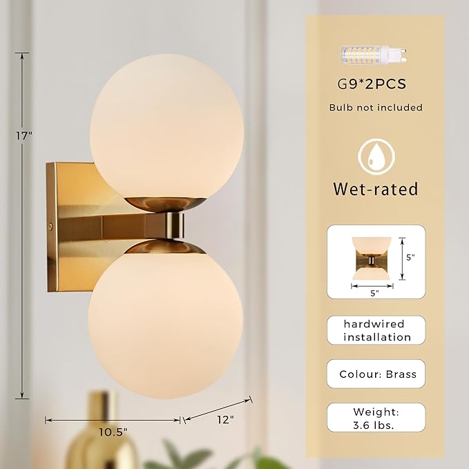 Modern Brass Double Spherical Glass Shade Wall Sconce, Elegant Brass Wall Mounted Lamp, Vanity Light Above Mirror, Sconce for Bathroom, Living Room, Hallway, Kitchen, Bedroom