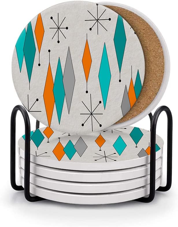 HUXJOKO Coasters for Drinks Set of 6,Mid Century Modern Diamonds Teal Absorbent Ceramic Coaster,Round Stone Mat,with Cork Base and Metal Holder for Coffee Table Room Bar Home Decor Housewarming Gifts
