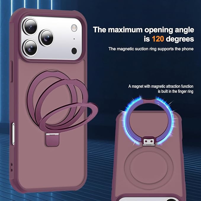 Compatible with iPhone 17 Pro Max Case with Invisible Magnetic O-Ring Stand Military-Grade Translucent Case for iPhone 17 ProMax 6.9" [Compatible with Mag-Safe][Great Grip Feeling],Wine Red